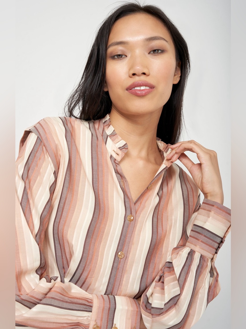 Joie Simone Golden Brown Striped Ruffled Blouse Size 0 Boho Long Sleeve Top